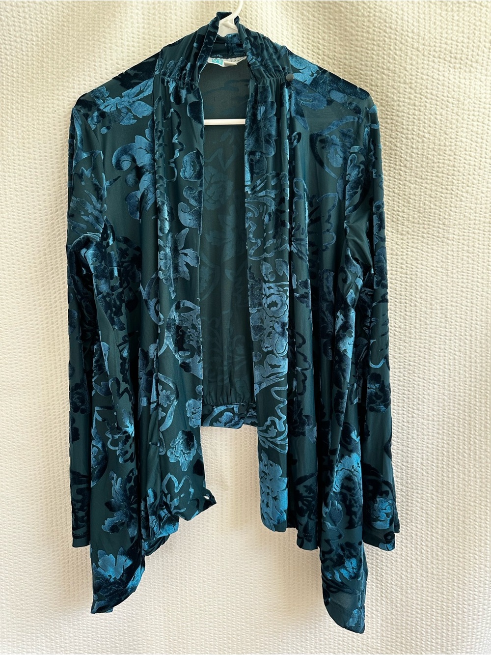 VT Luxe Burnout Velvet Floral Open Front Cardigan Teal Blue Size Medium